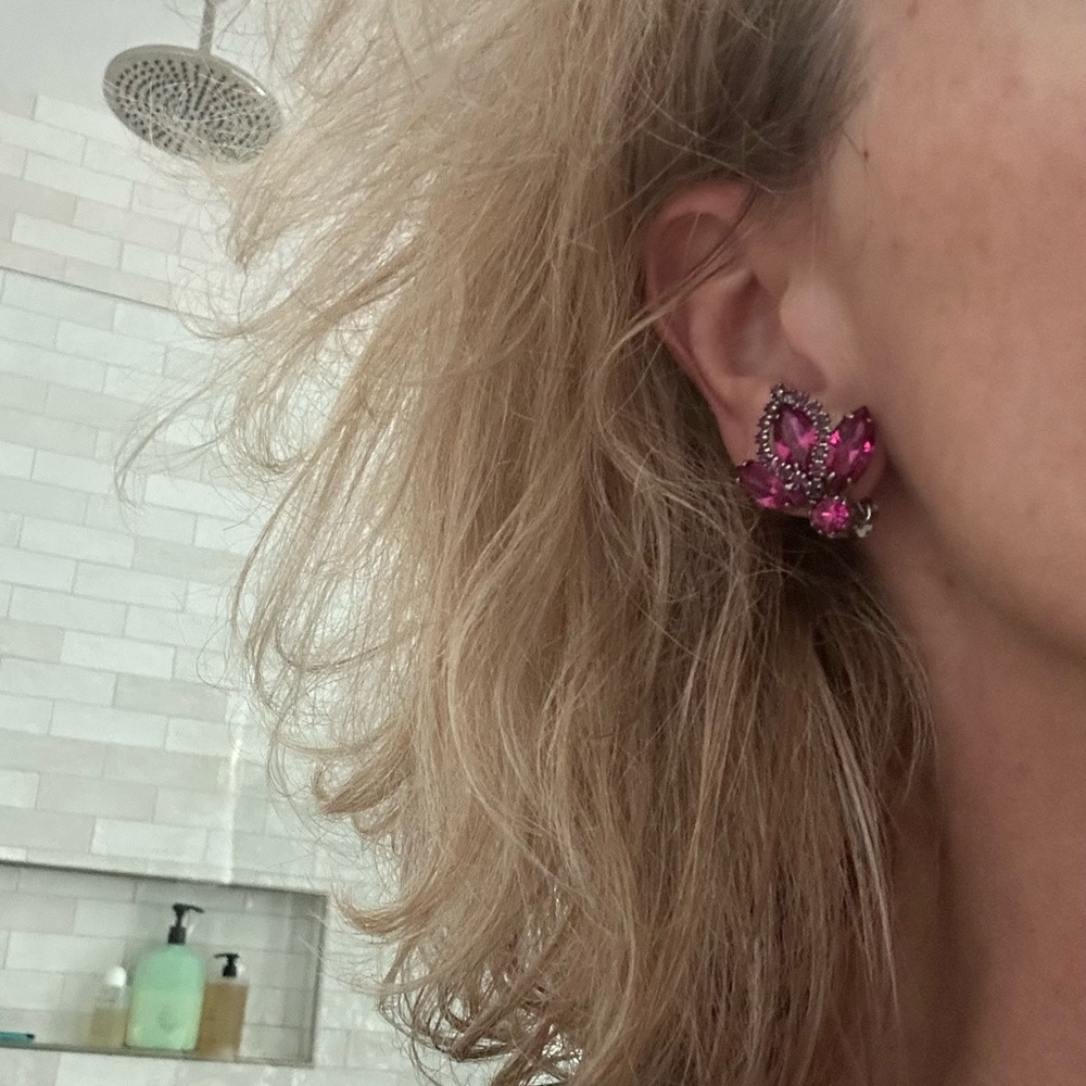 Weiss Vintage Fuchsia Rhinestone Clip-On Earrings – Gunmetal Glam Statement - Picture 6 of 9